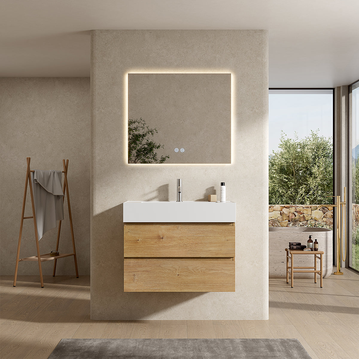 Mobile bagno sospeso 100 cm Bruno Medio Lavabo in Resina Specchio Quadro Retroilluminato - Fiji Wood