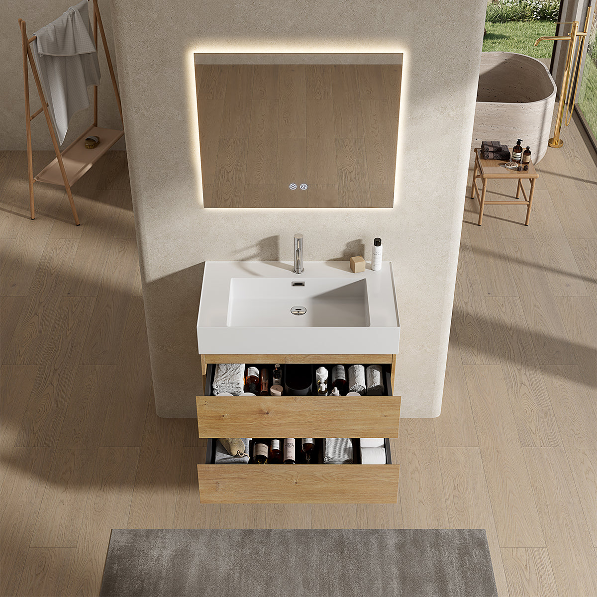 Mobile bagno sospeso 100 cm Bruno Medio Lavabo in Resina Specchio Quadro Retroilluminato - Fiji Wood
