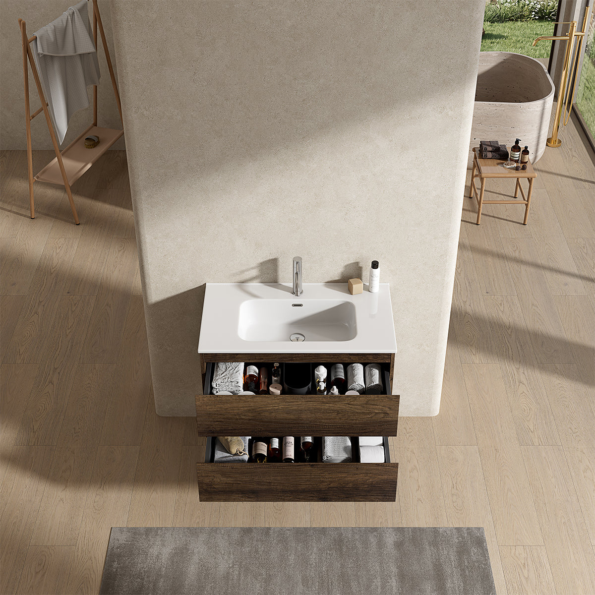 Mobile bagno sospeso 100 cm Bruno Scuro Lavabo in Ceramica Senza Specchio - Fiji Wood