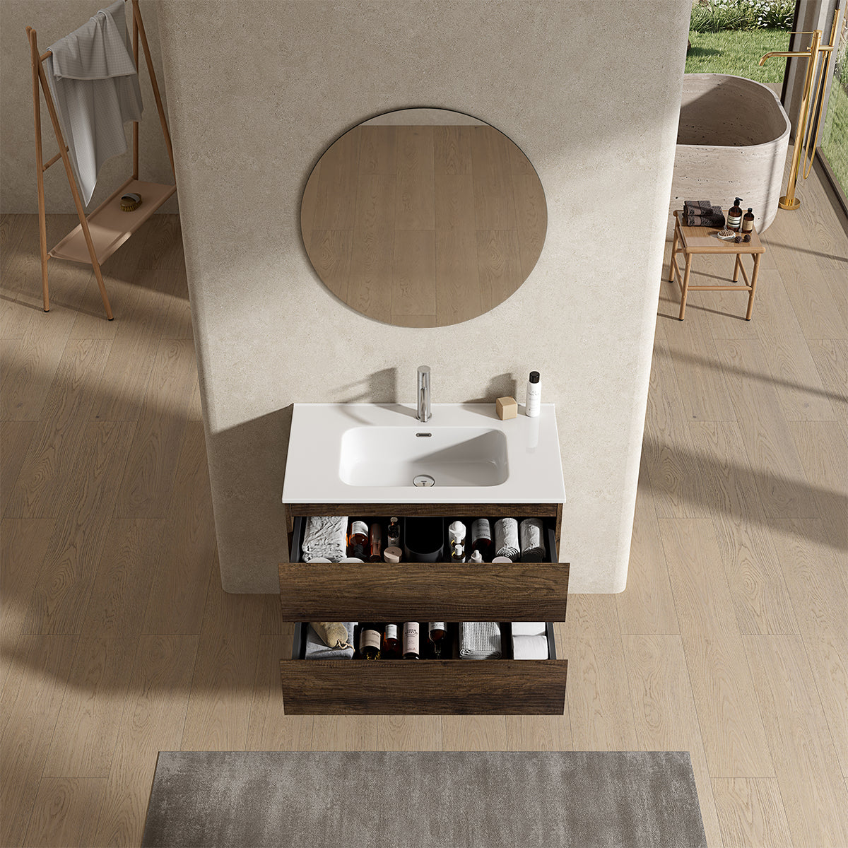 Mobile bagno sospeso 100 cm Bruno Scuro Lavabo in Ceramica Specchio Tondo - Fiji Wood