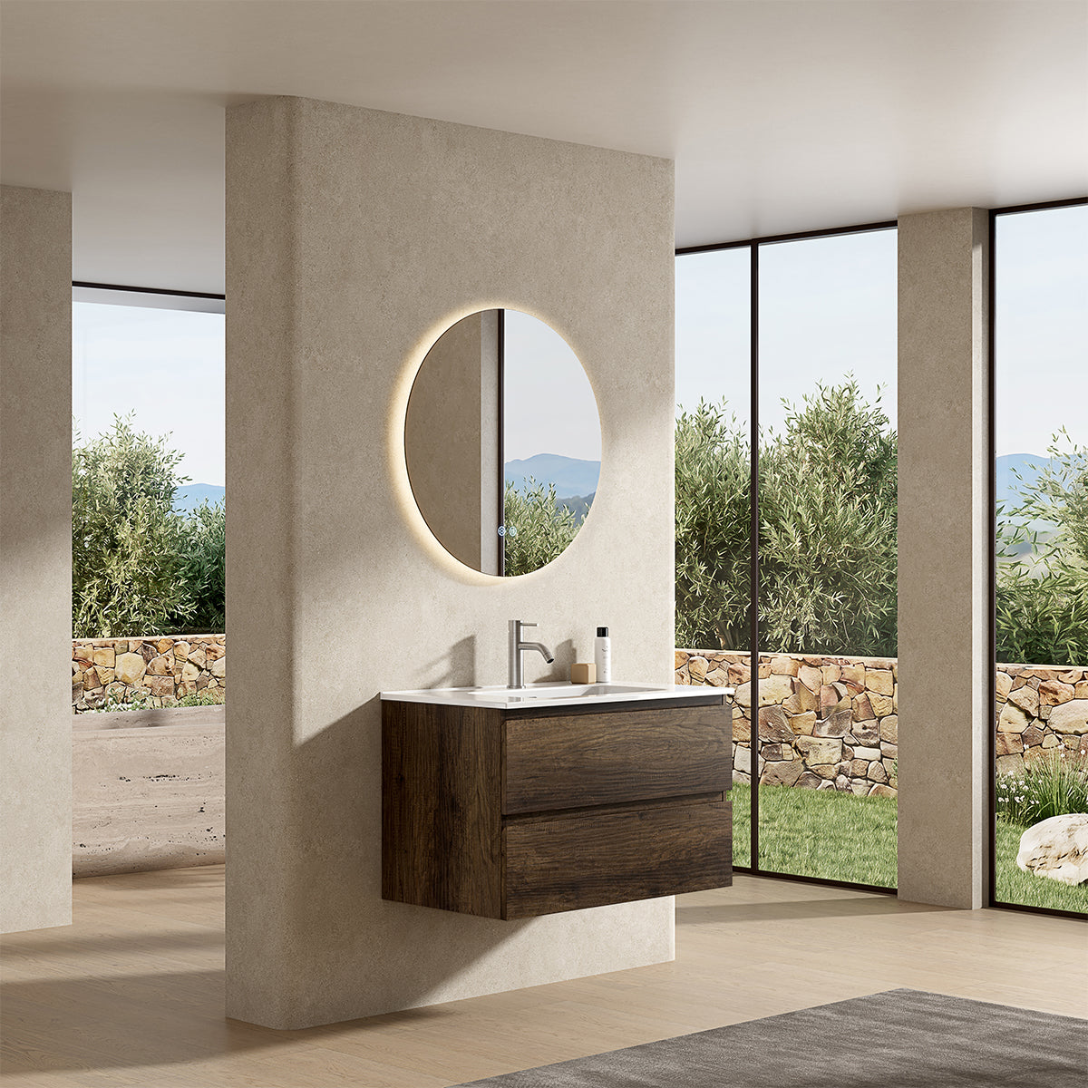 Mobile bagno sospeso 100 cm Bruno Scuro Lavabo in Ceramica Specchio Tondo Retroilluminato - Fiji Wood