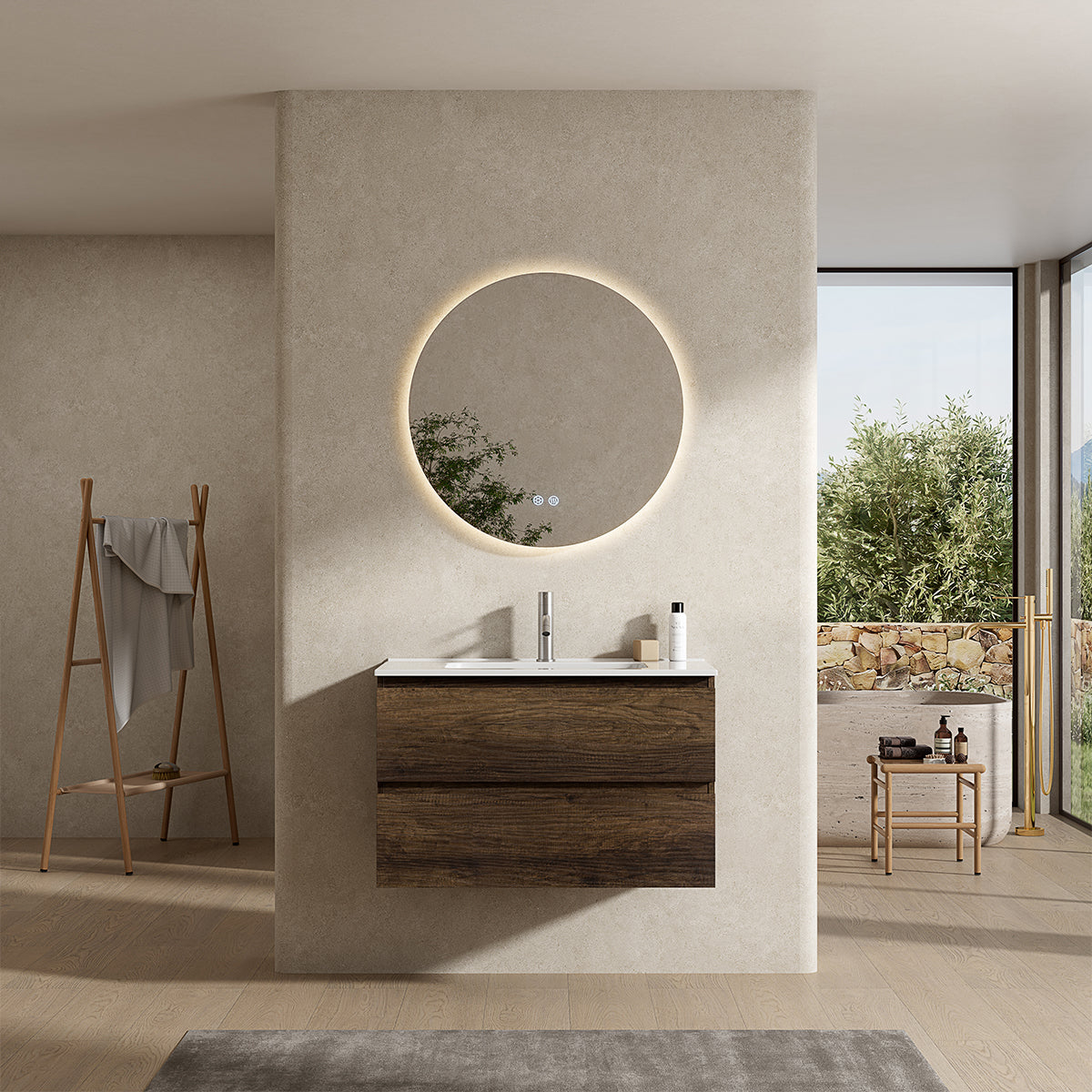 Mobile bagno sospeso 100 cm Bruno Scuro Lavabo in Ceramica Specchio Tondo Retroilluminato - Fiji Wood