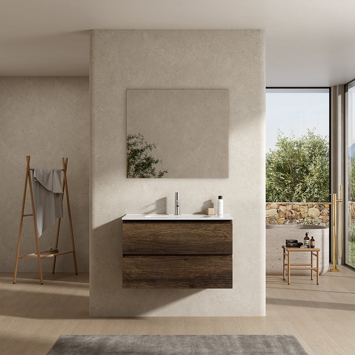 Mobile bagno sospeso 100 cm Bruno Scuro Lavabo in Ceramica Specchio Quadro - Fiji Wood