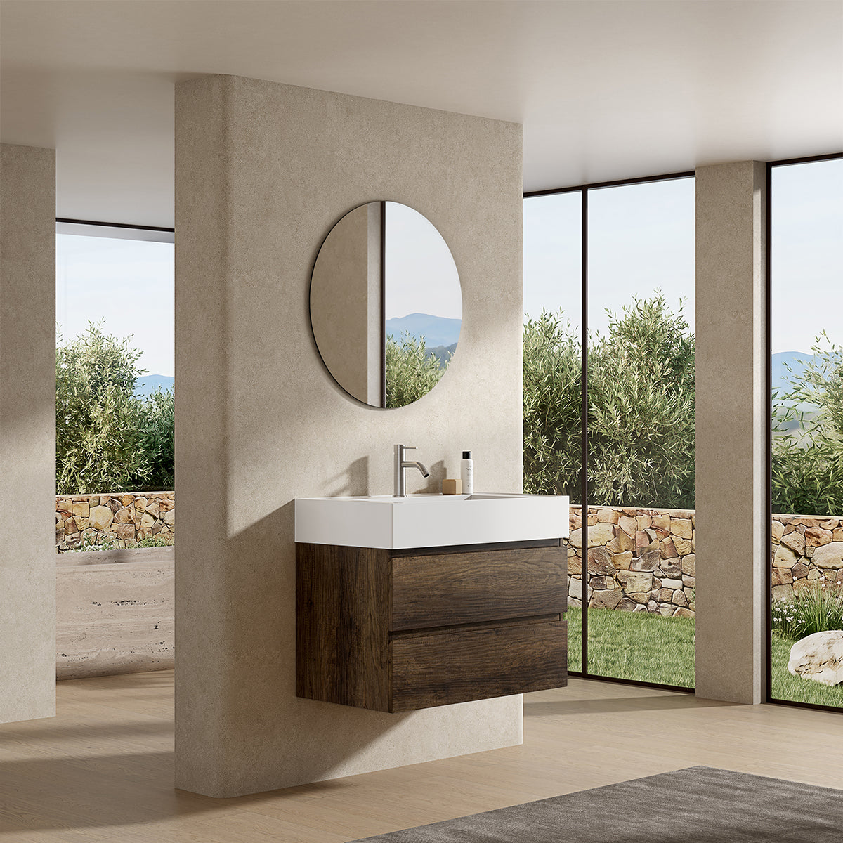 Mobile bagno sospeso 100 cm Bruno Scuro Lavabo in Resina Specchio Tondo - Fiji Wood