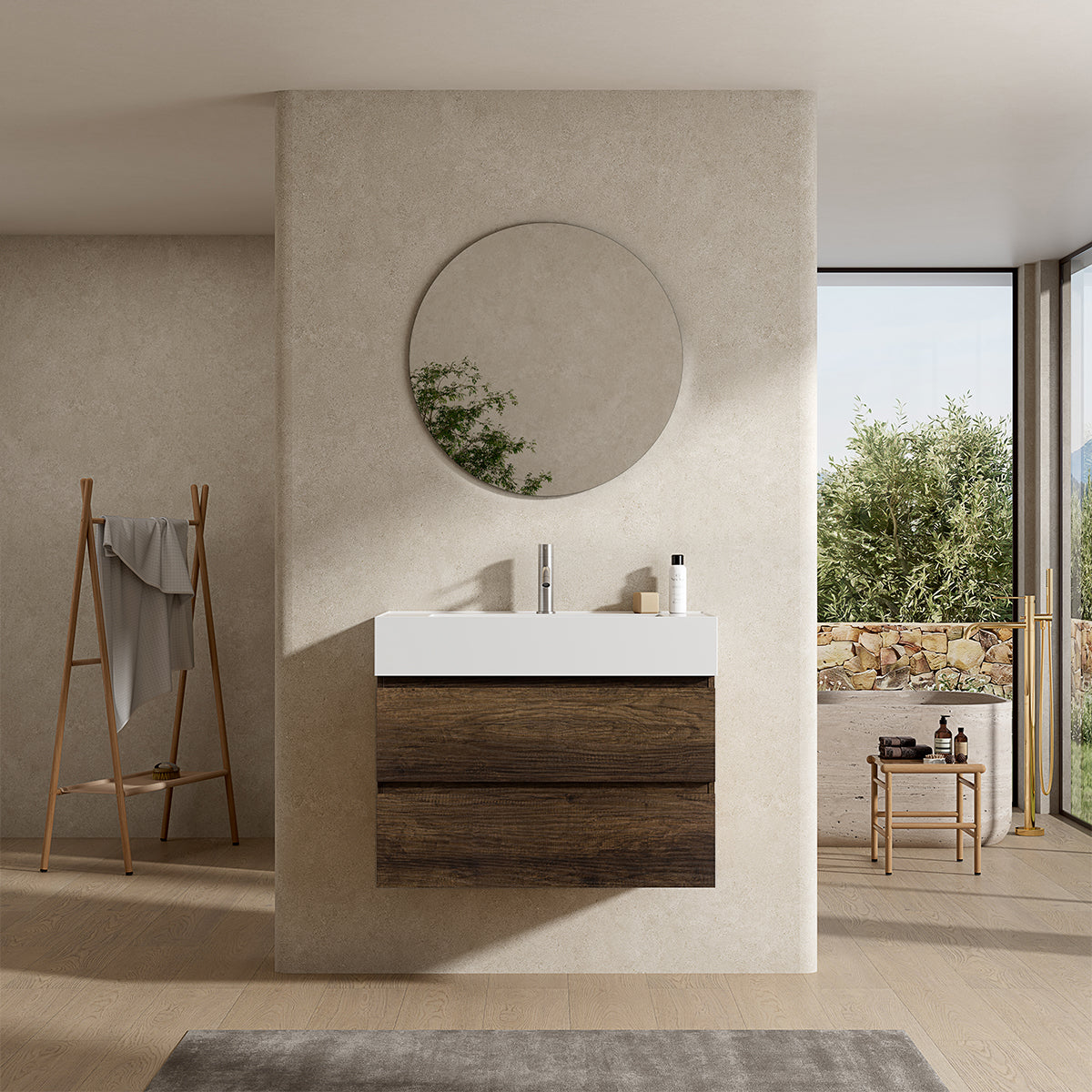 Mobile bagno sospeso 100 cm Bruno Scuro Lavabo in Resina Specchio Tondo - Fiji Wood