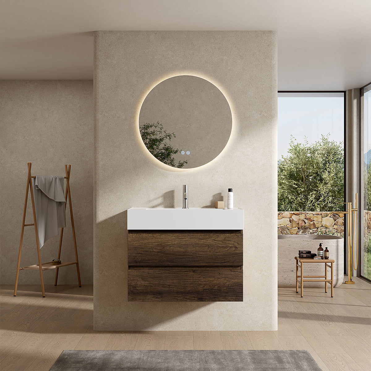 Mobile bagno sospeso 100 cm Bruno Scuro Lavabo in Resina Specchio Tondo Retroilluminato - Fiji Wood