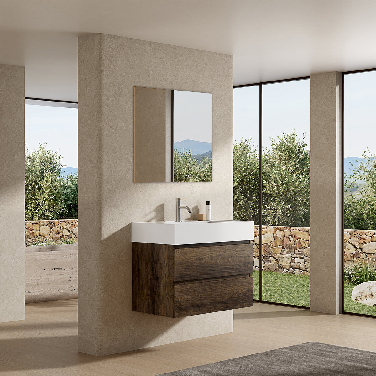Mobile bagno sospeso 100 cm Bruno Scuro Lavabo in Resina Specchio Quadro - Fiji Wood
