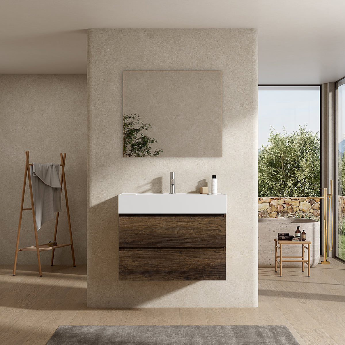 Mobile bagno sospeso 100 cm Bruno Scuro Lavabo in Resina Specchio Quadro - Fiji Wood