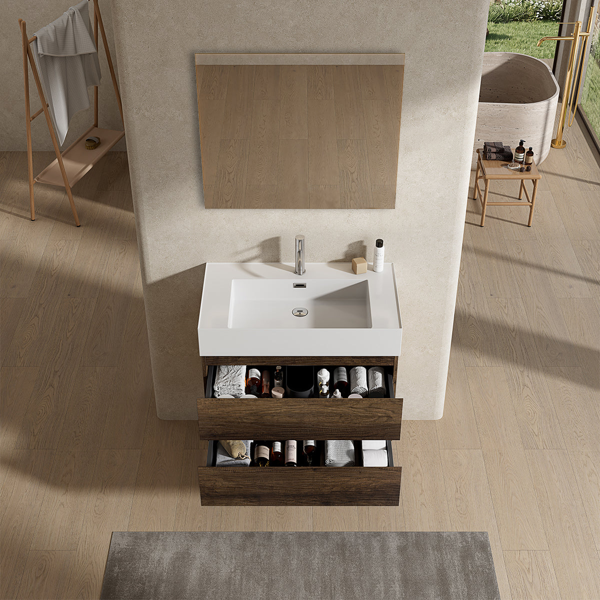 Mobile bagno sospeso 100 cm Bruno Scuro Lavabo in Resina Specchio Quadro - Fiji Wood