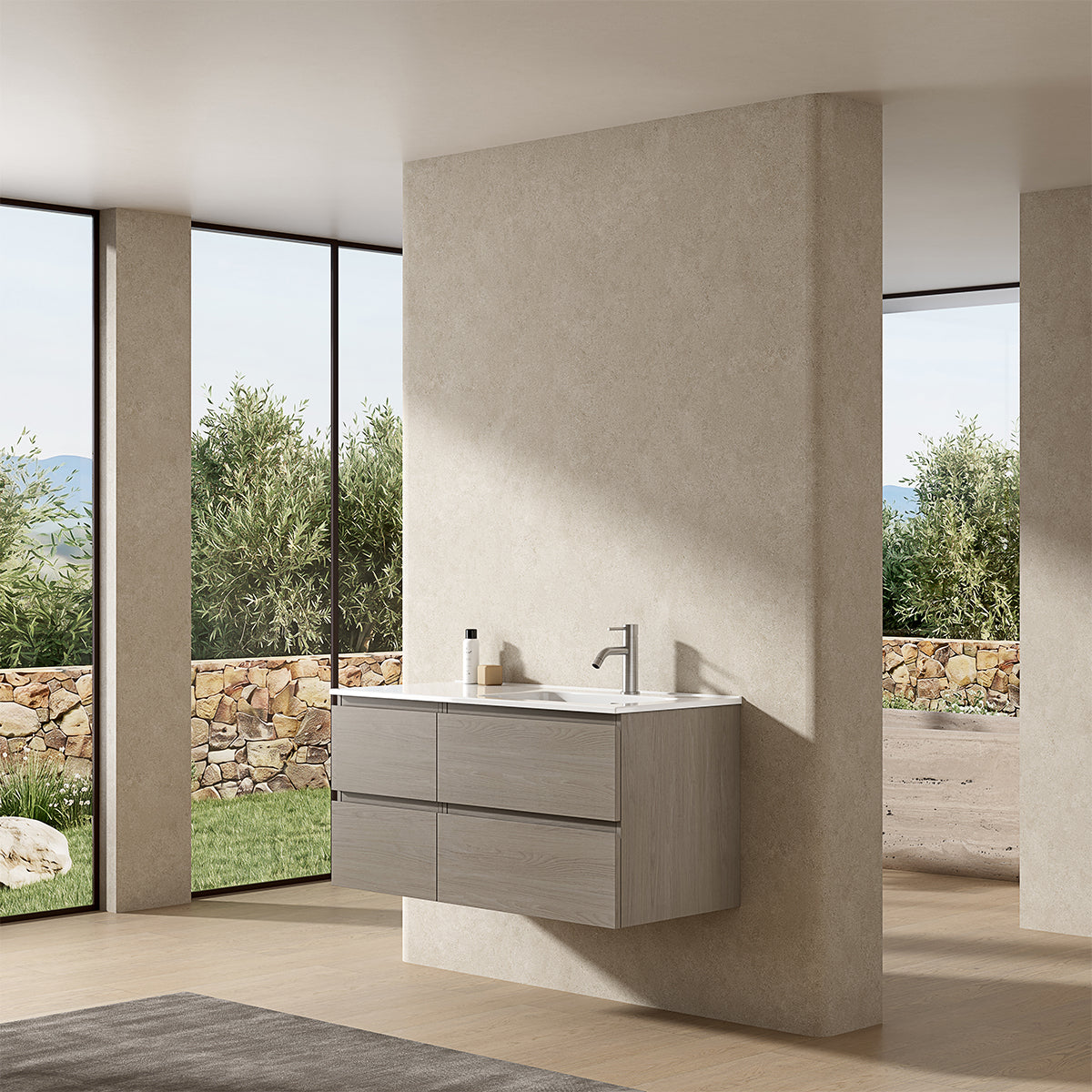 Mobile bagno sospeso 100 cm Beige Lavabo a Destra in Ceramica Senza Specchio - Fiji Wood