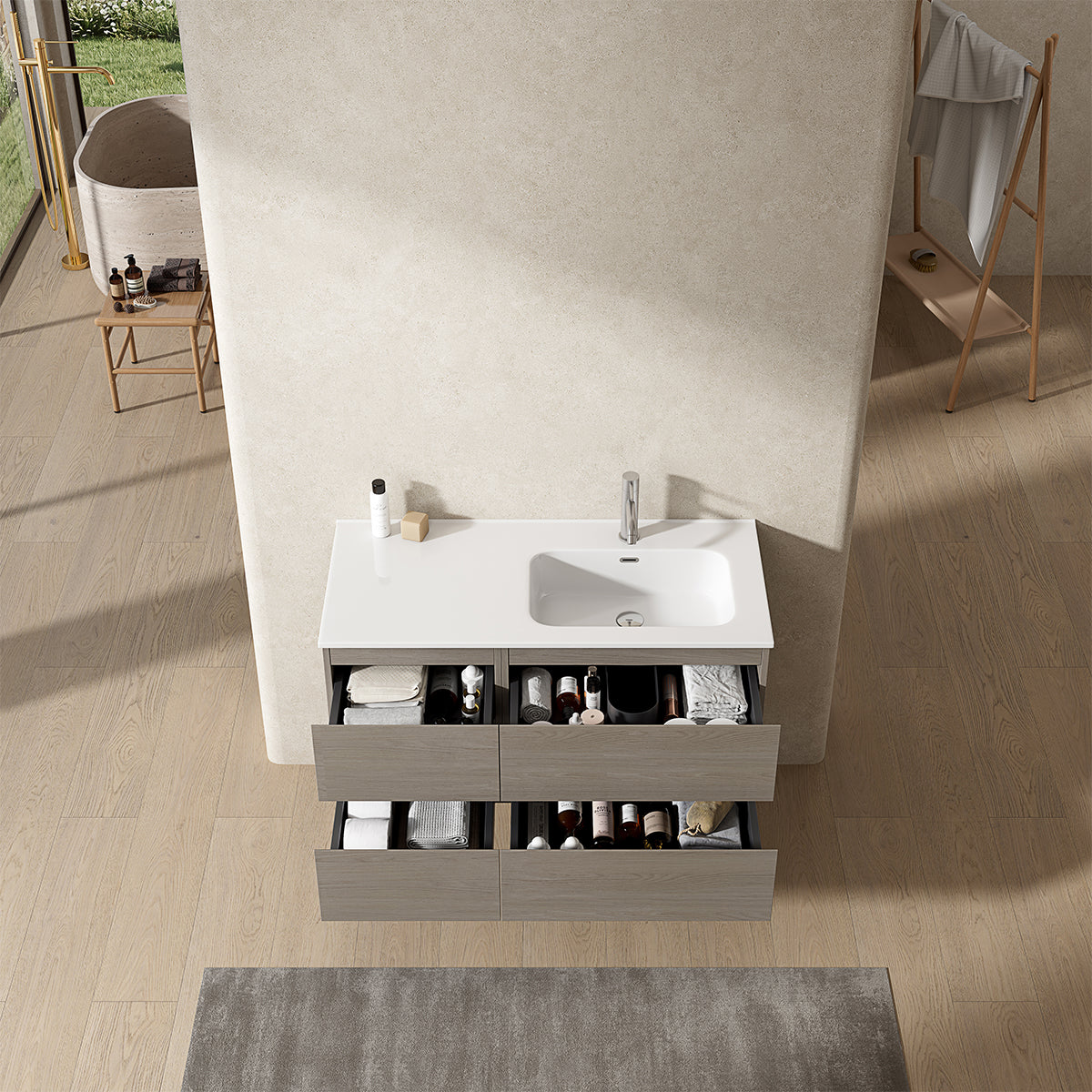 Mobile bagno sospeso 100 cm Beige Lavabo a Destra in Ceramica Senza Specchio - Fiji Wood