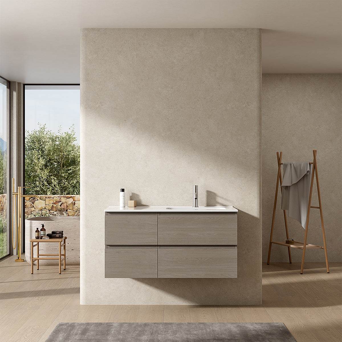 Mobile bagno sospeso 100 cm Beige Lavabo a Destra in Ceramica Senza Specchio - Fiji Wood
