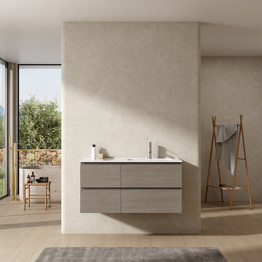 Mobile bagno sospeso 100 cm Beige Lavabo a Destra in Ceramica Senza Specchio - Fiji Wood