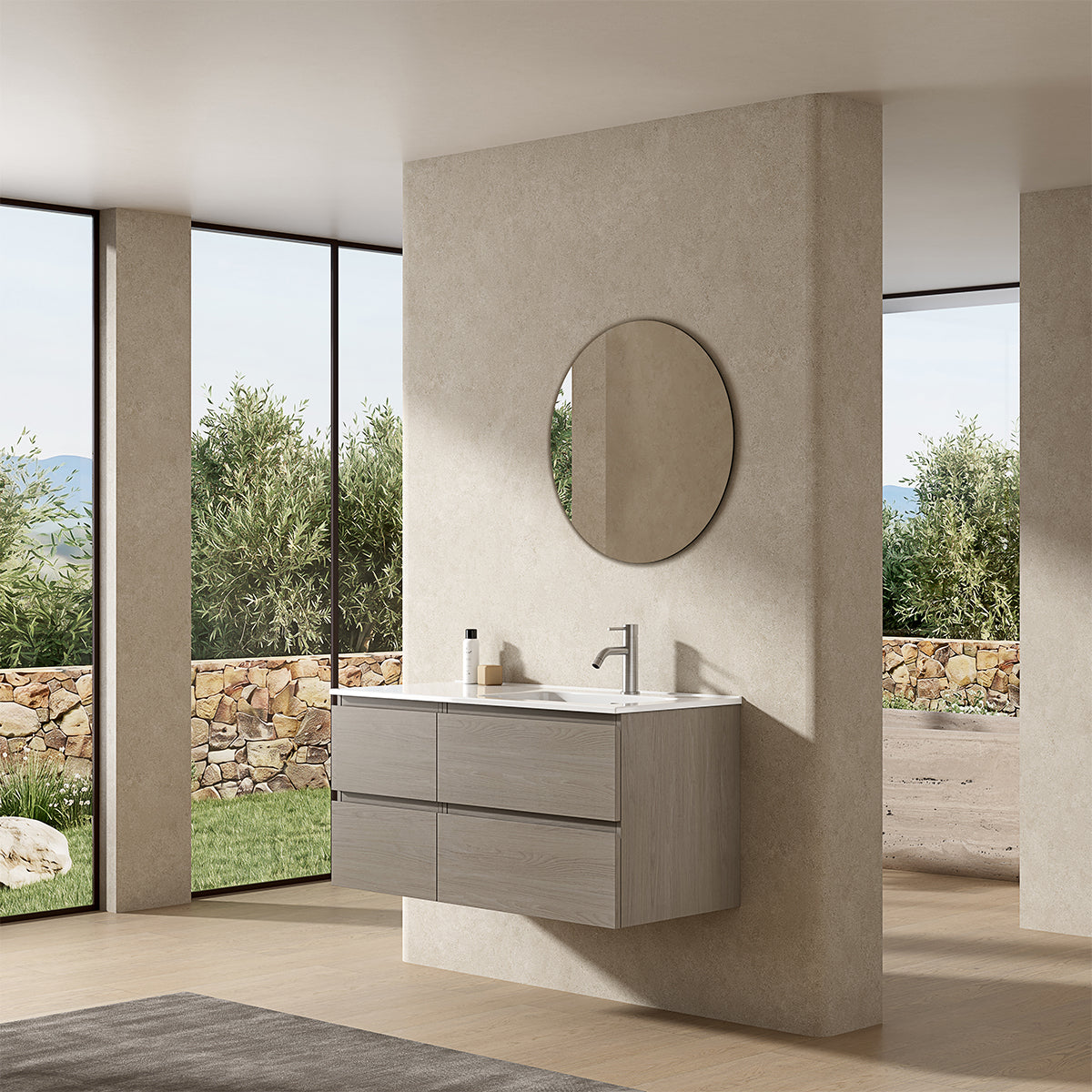 Mobile bagno sospeso 100 cm Beige Lavabo a Destra in Ceramica Specchio Tondo - Fiji Wood