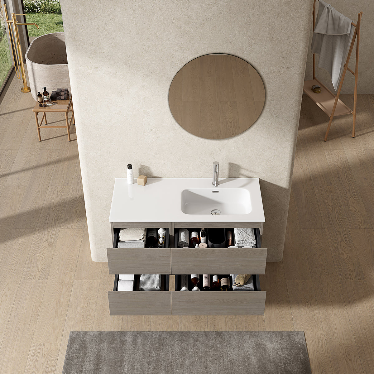Mobile bagno sospeso 100 cm Beige Lavabo a Destra in Ceramica Specchio Tondo - Fiji Wood