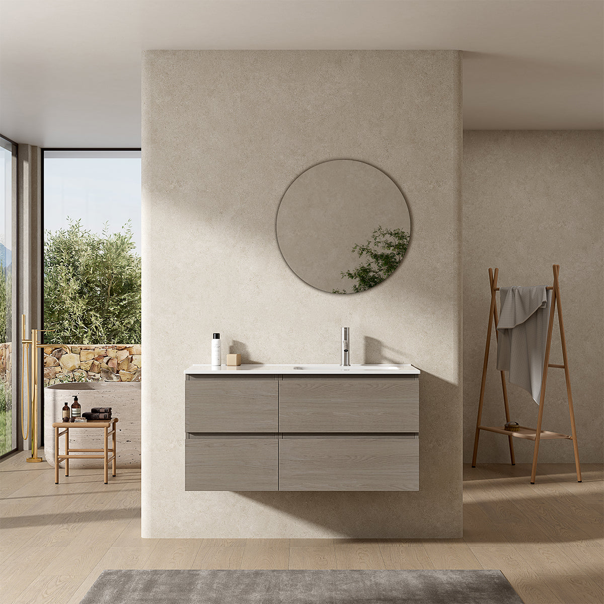 Mobile bagno sospeso 100 cm Beige Lavabo a Destra in Ceramica Specchio Tondo - Fiji Wood