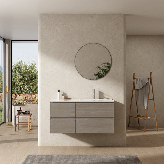 Mobile bagno sospeso 100 cm Beige Lavabo a Destra in Ceramica Specchio Tondo - Fiji Wood