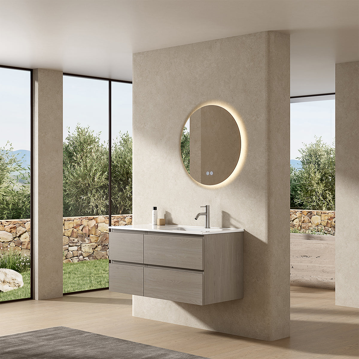 Mobile bagno sospeso 100 cm Beige Lavabo a Destra in Ceramica Specchio Tondo Retroilluminato - Fiji Wood