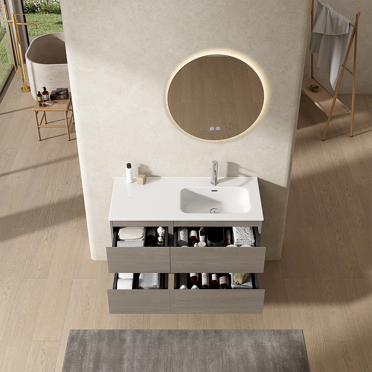 Mobile bagno sospeso 100 cm Beige Lavabo a Destra in Ceramica Specchio Tondo Retroilluminato - Fiji Wood