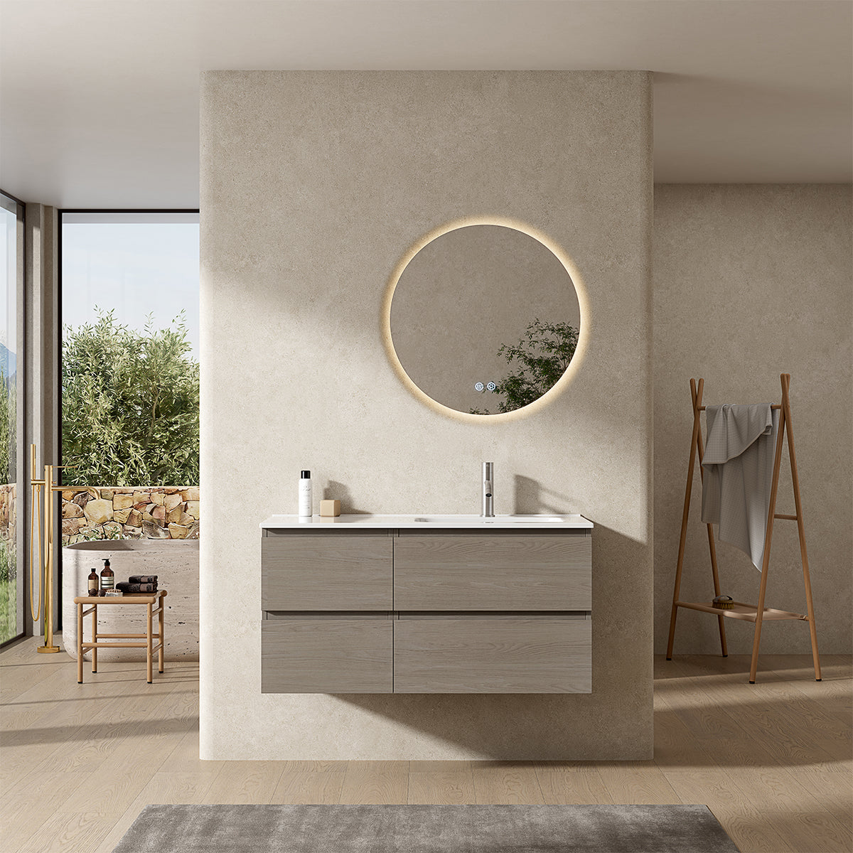 Mobile bagno sospeso 100 cm Beige Lavabo a Destra in Ceramica Specchio Tondo Retroilluminato - Fiji Wood
