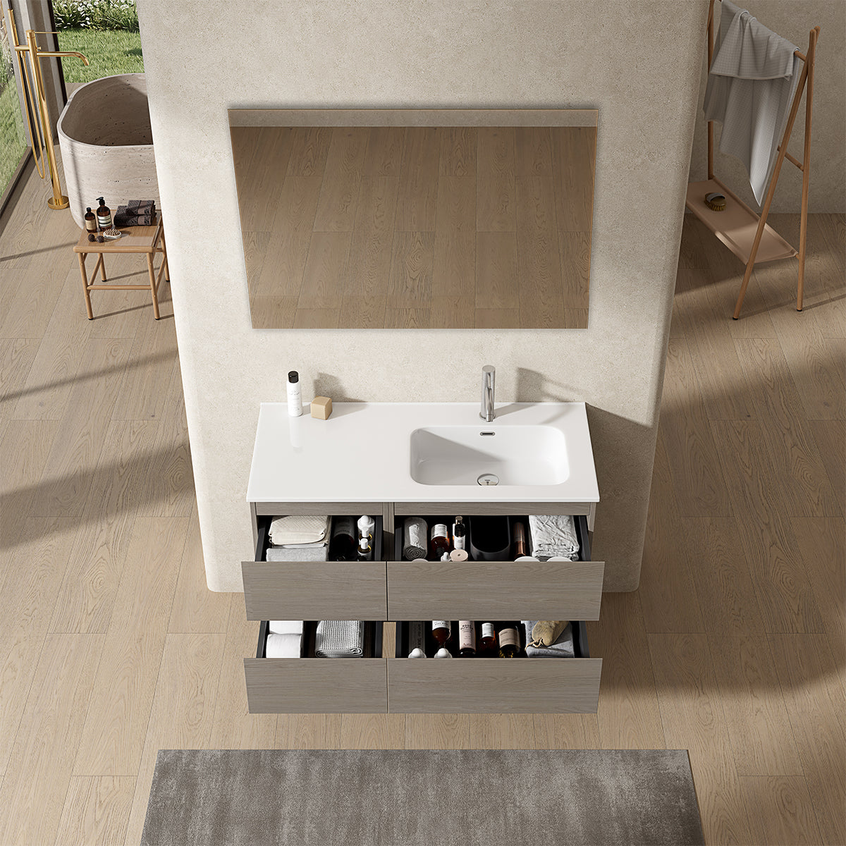 Mobile bagno sospeso 100 cm Beige Lavabo a Destra in Ceramica Specchio Quadro - Fiji Wood