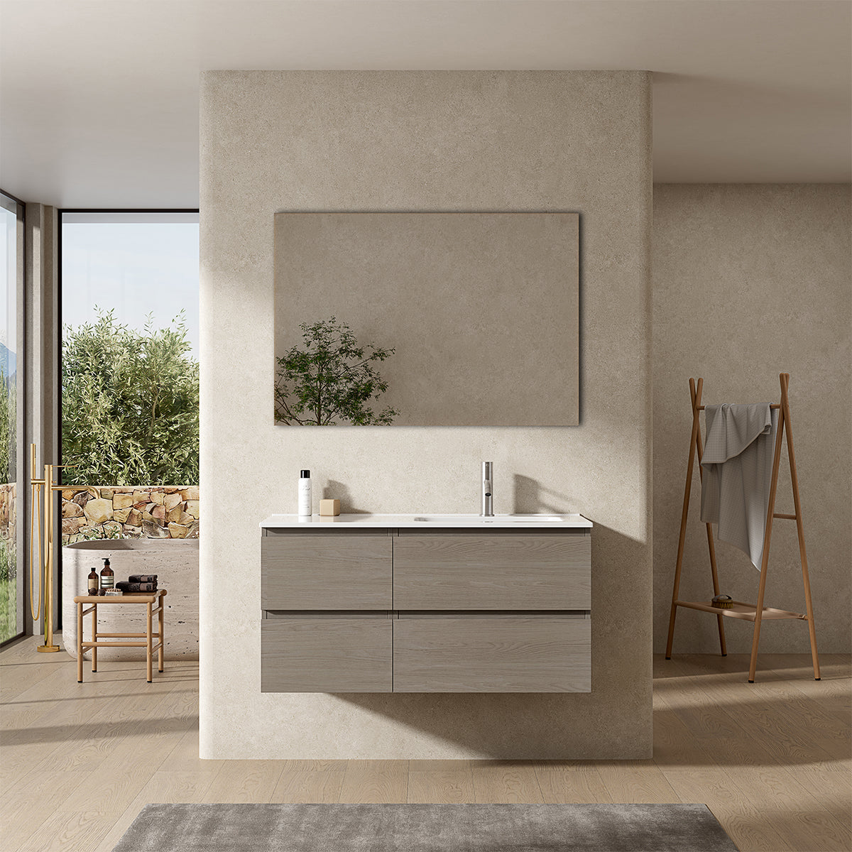 Mobile bagno sospeso 100 cm Beige Lavabo a Destra in Ceramica Specchio Quadro - Fiji Wood