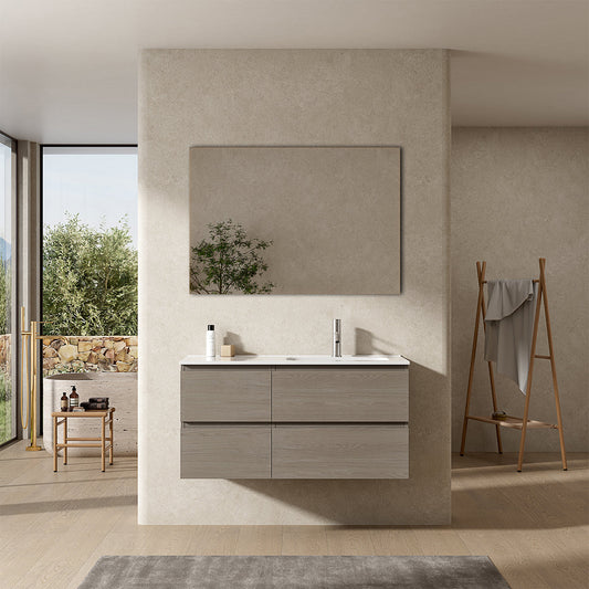Mobile bagno sospeso 100 cm Beige Lavabo a Destra in Ceramica Specchio Quadro - Fiji Wood