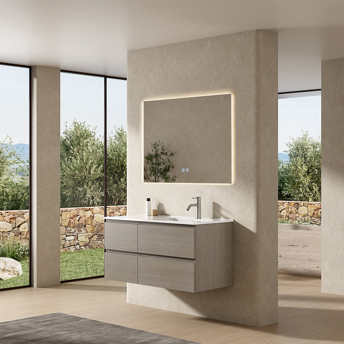 Mobile bagno sospeso 100 cm Beige Lavabo a Destra in Ceramica Specchio Quadro Retroilluminato - Fiji Wood