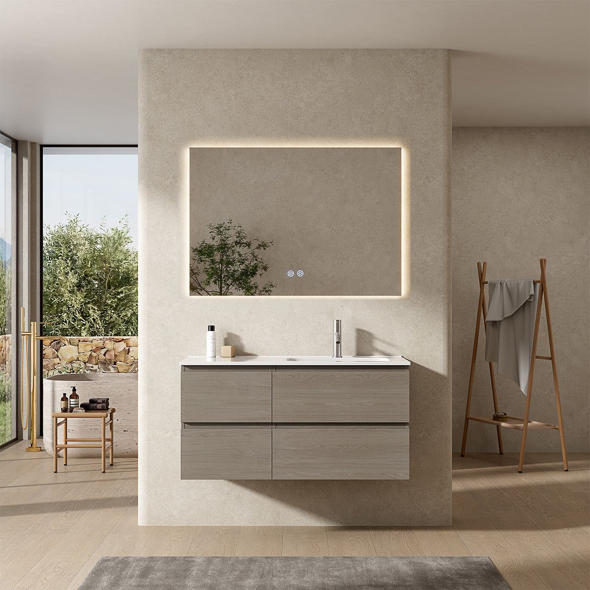 Mobile bagno sospeso 100 cm Beige Lavabo a Destra in Ceramica Specchio Quadro Retroilluminato - Fiji Wood