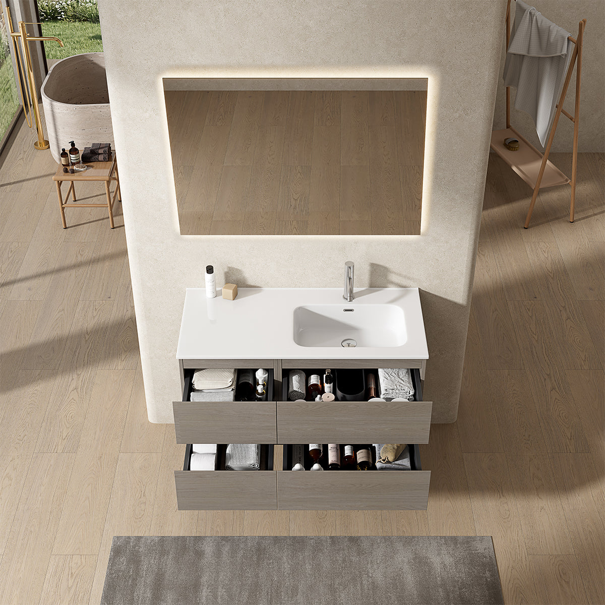 Mobile bagno sospeso 100 cm Beige Lavabo a Destra in Ceramica Specchio Quadro Retroilluminato - Fiji Wood