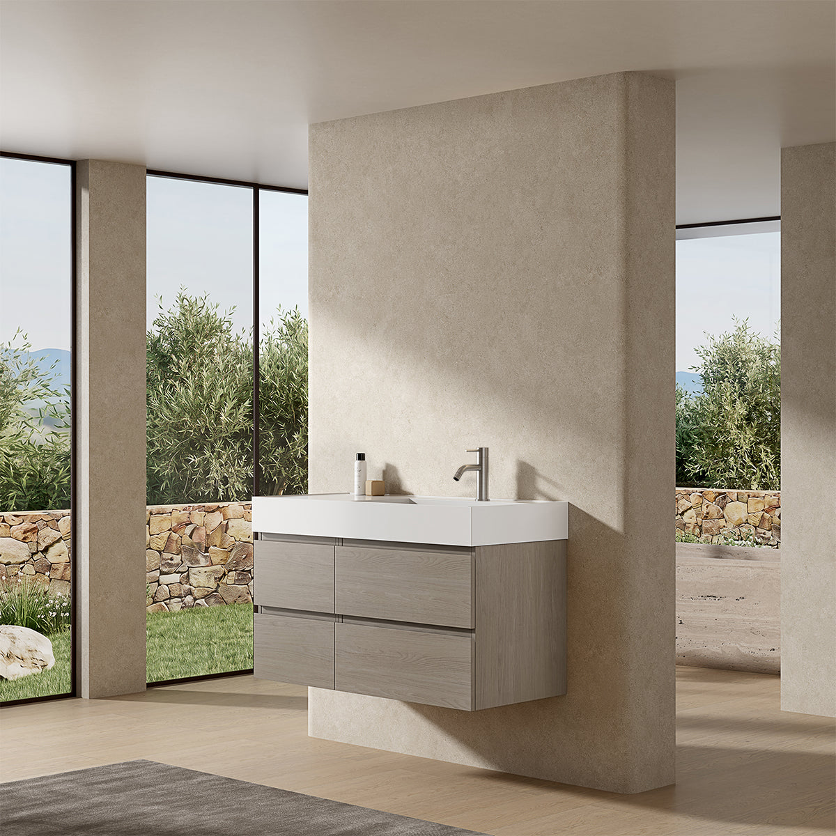 Mobile bagno sospeso 100 cm Beige Lavabo a Destra in Resina Senza Specchio - Fiji Wood