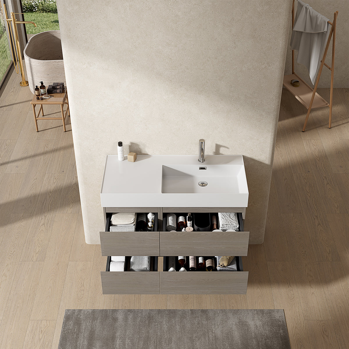 Mobile bagno sospeso 100 cm Beige Lavabo a Destra in Resina Senza Specchio - Fiji Wood