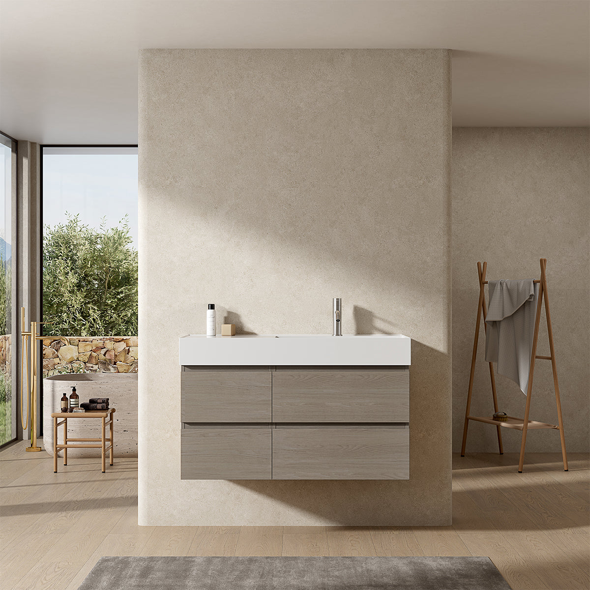 Mobile bagno sospeso 100 cm Beige Lavabo a Destra in Resina Senza Specchio - Fiji Wood