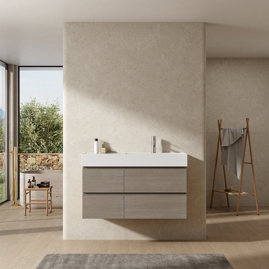 Mobile bagno sospeso 100 cm Beige Lavabo a Destra in Resina Senza Specchio - Fiji Wood