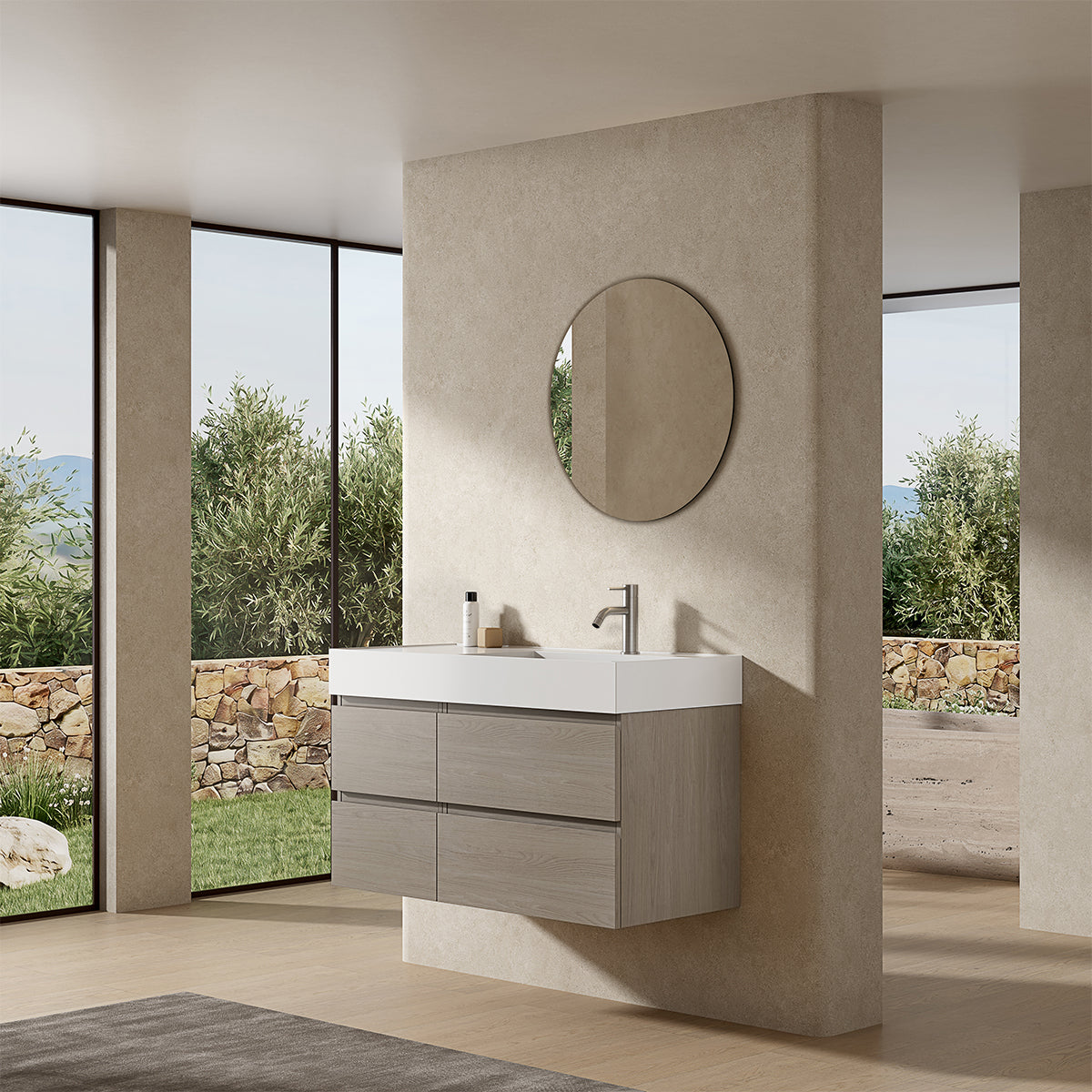Mobile bagno sospeso 100 cm Beige Lavabo a Destra in Resina Specchio Tondo - Fiji Wood