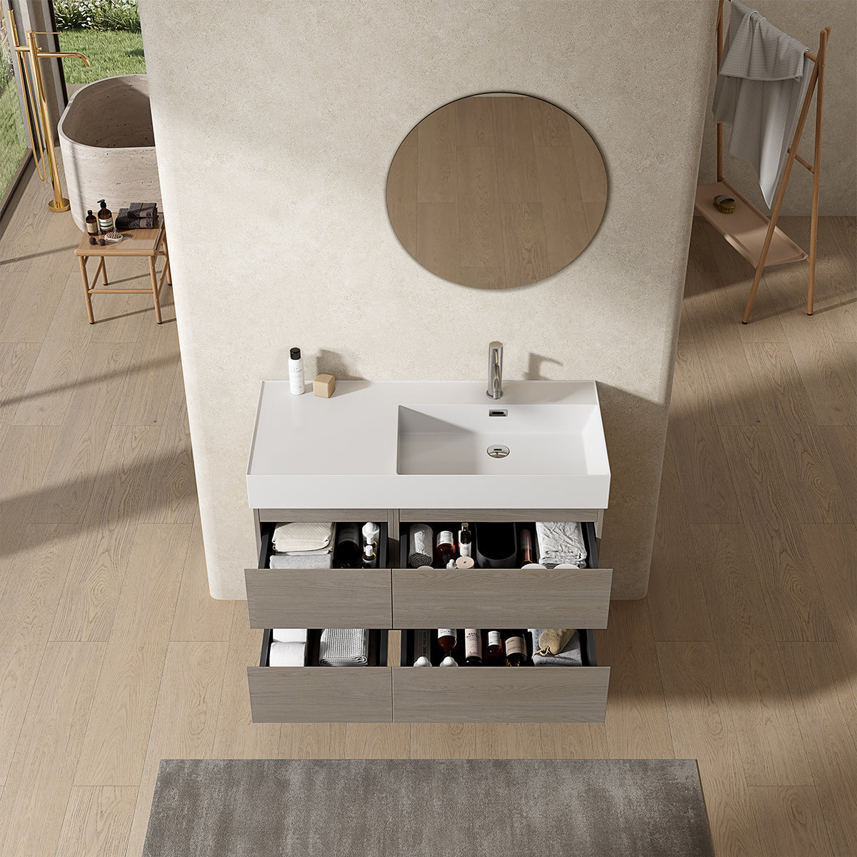 Mobile bagno sospeso 100 cm Beige Lavabo a Destra in Resina Specchio Tondo - Fiji Wood