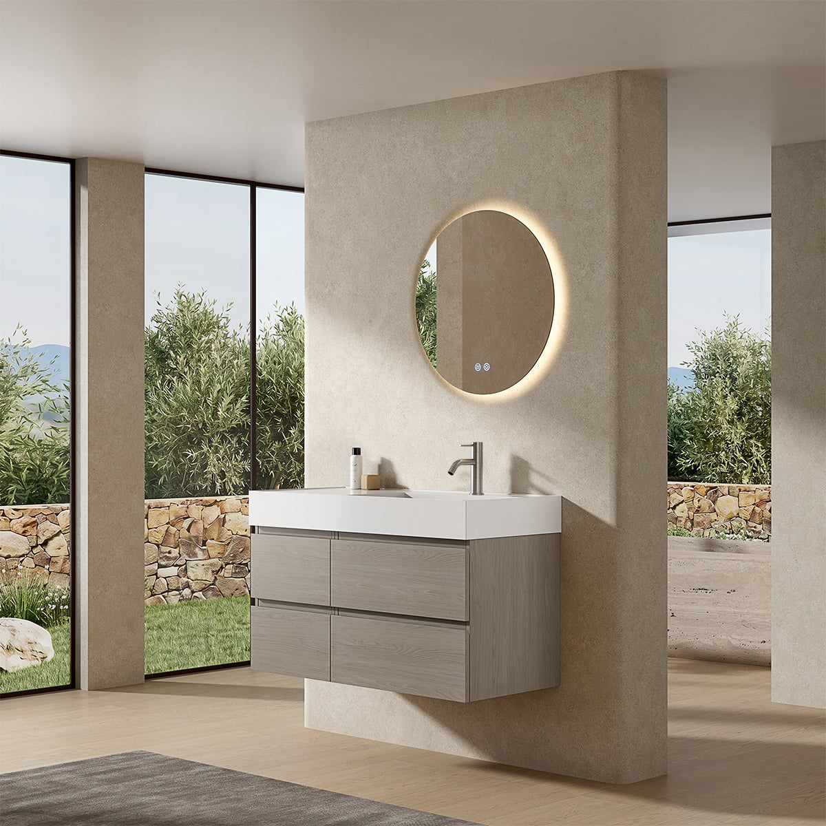 Mobile bagno sospeso 100 cm Beige Lavabo a Destra in Resina Specchio Tondo Retroilluminato - Fiji Wood