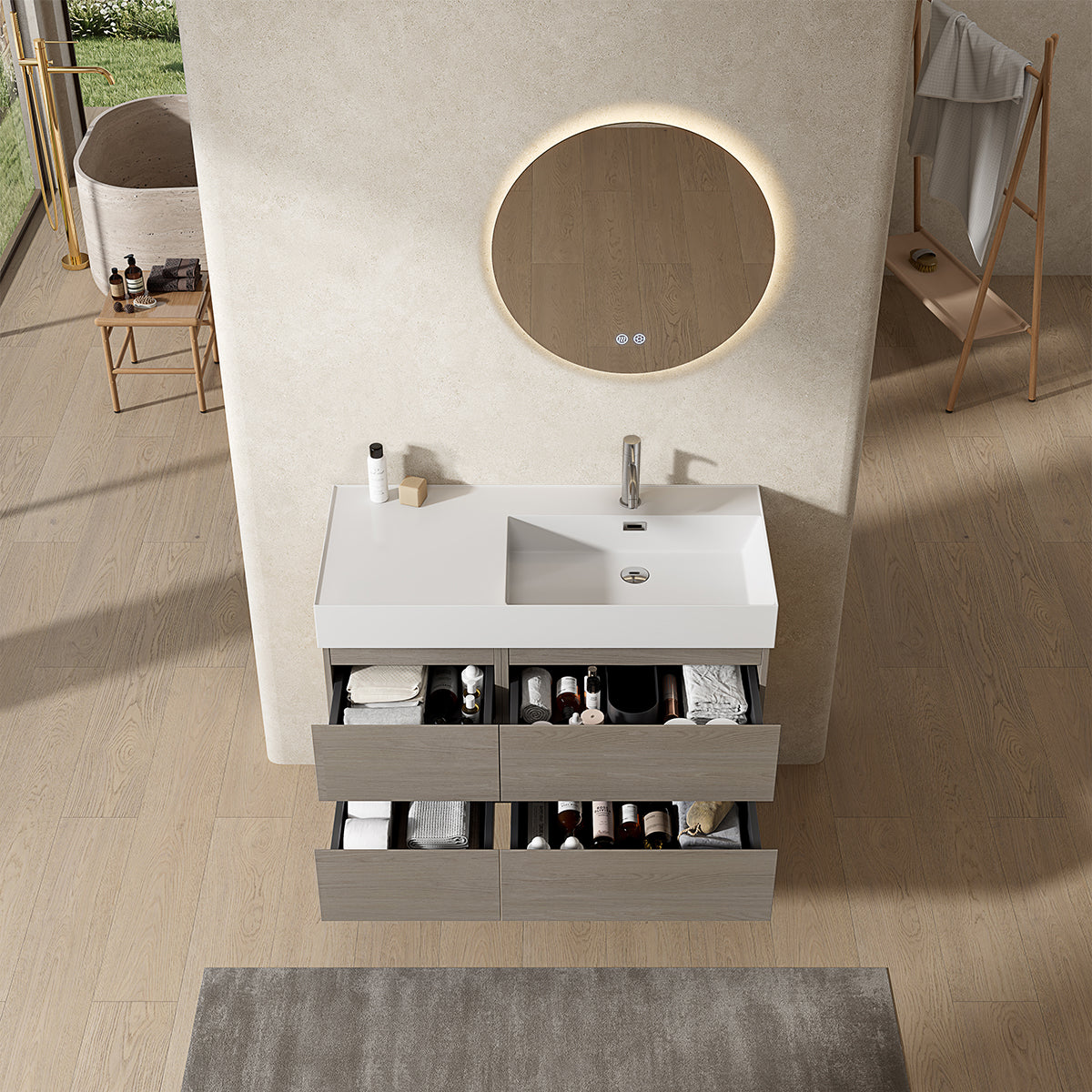 Mobile bagno sospeso 100 cm Beige Lavabo a Destra in Resina Specchio Tondo Retroilluminato - Fiji Wood