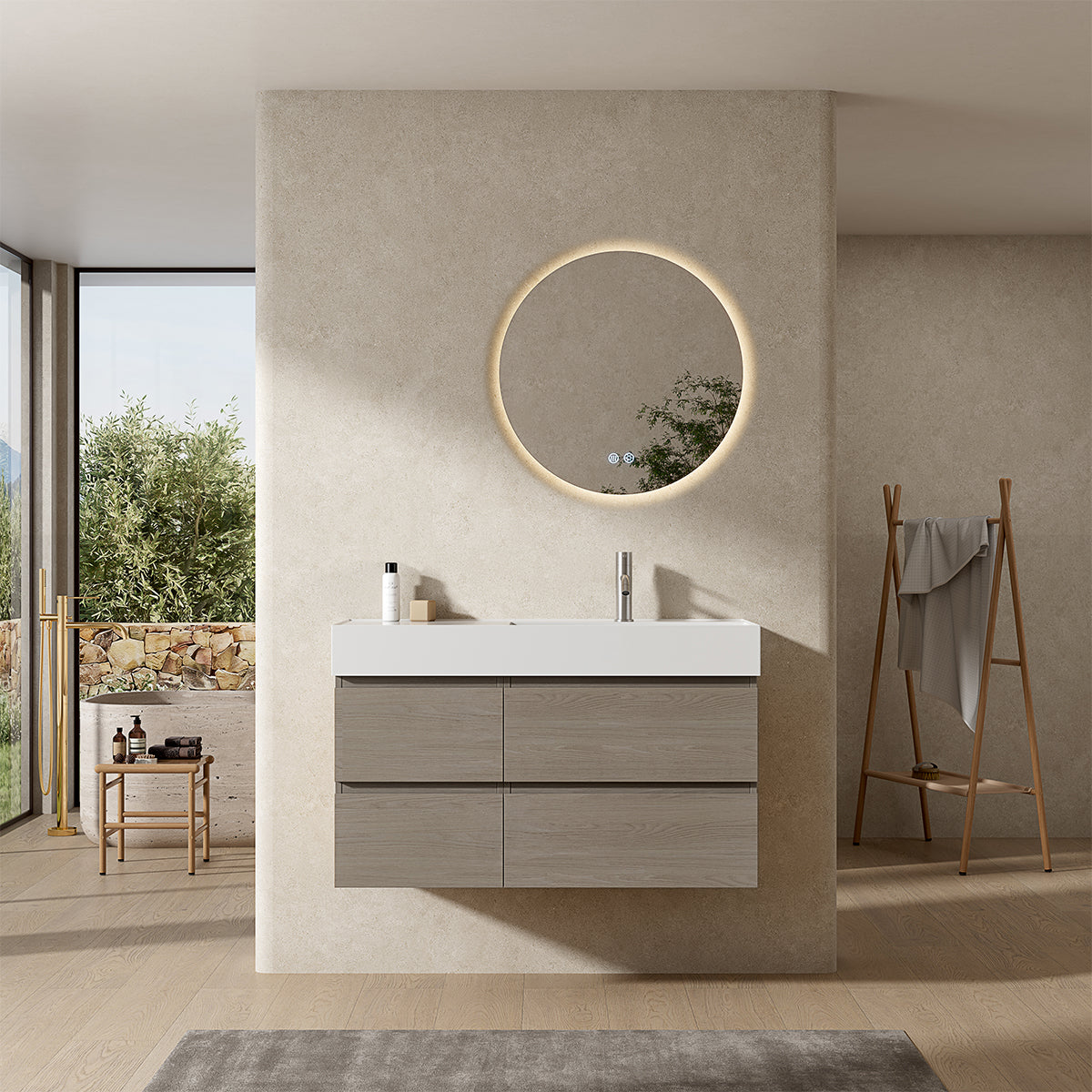 Mobile bagno sospeso 100 cm Beige Lavabo a Destra in Resina Specchio Tondo Retroilluminato - Fiji Wood