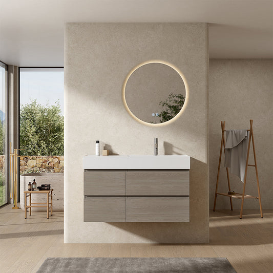 Mobile bagno sospeso 100 cm Beige Lavabo a Destra in Resina Specchio Tondo Retroilluminato - Fiji Wood
