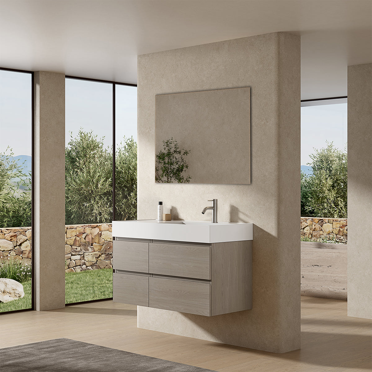 Mobile bagno sospeso 100 cm Beige Lavabo a Destra in Resina Specchio Quadro - Fiji Wood