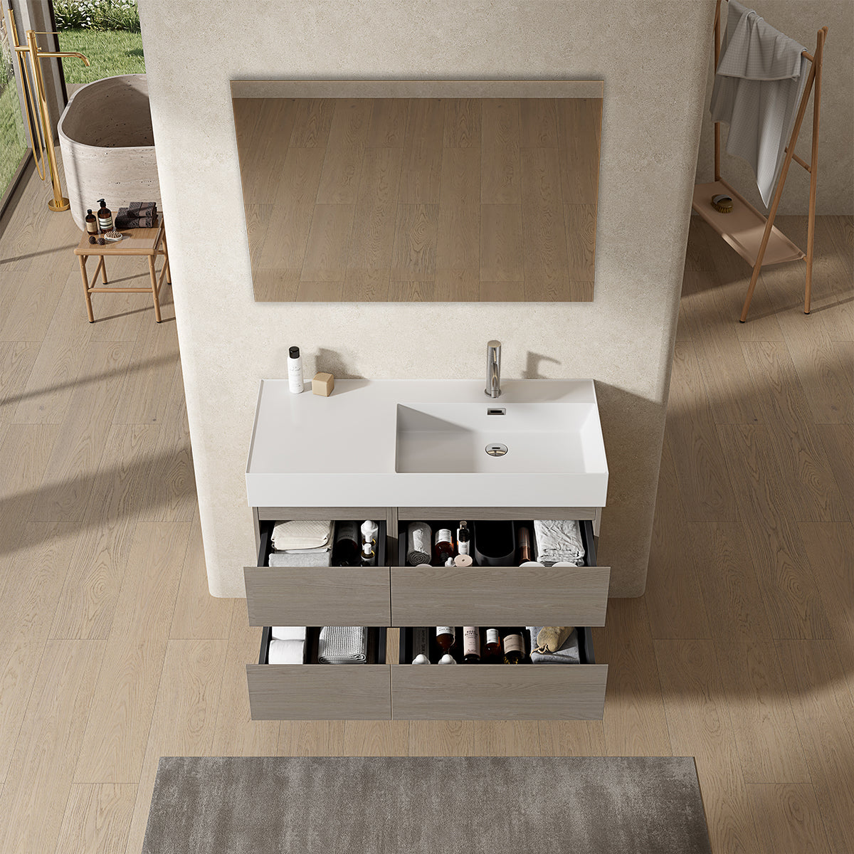 Mobile bagno sospeso 100 cm Beige Lavabo a Destra in Resina Specchio Quadro - Fiji Wood