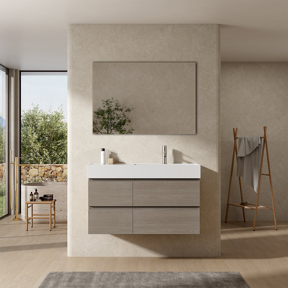 Mobile bagno sospeso 100 cm Beige Lavabo a Destra in Resina Specchio Quadro - Fiji Wood