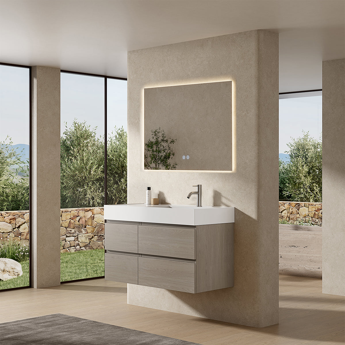 Mobile bagno sospeso 100 cm Beige Lavabo a Destra in Resina Specchio Quadro Retroilluminato - Fiji Wood