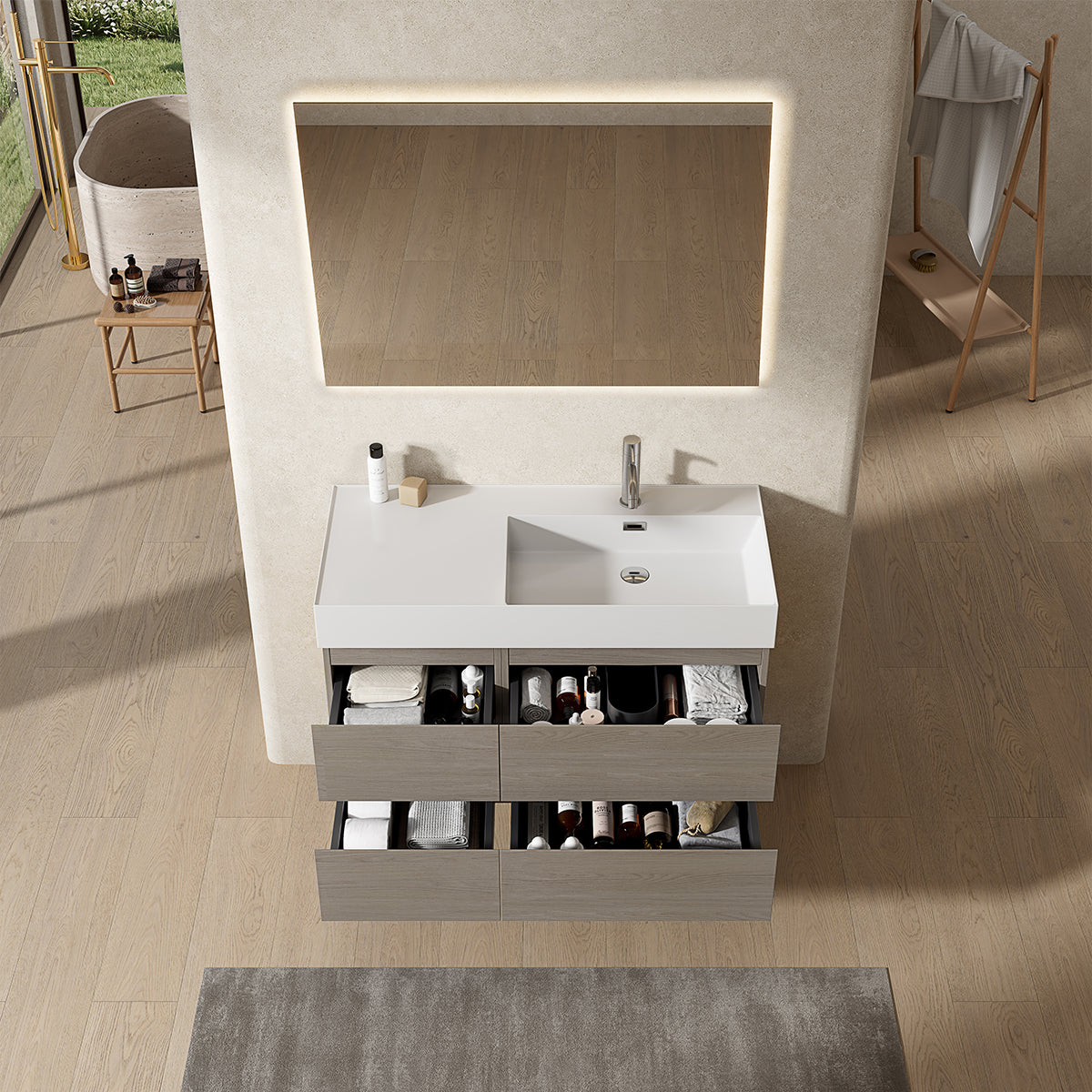 Mobile bagno sospeso 100 cm Beige Lavabo a Destra in Resina Specchio Quadro Retroilluminato - Fiji Wood