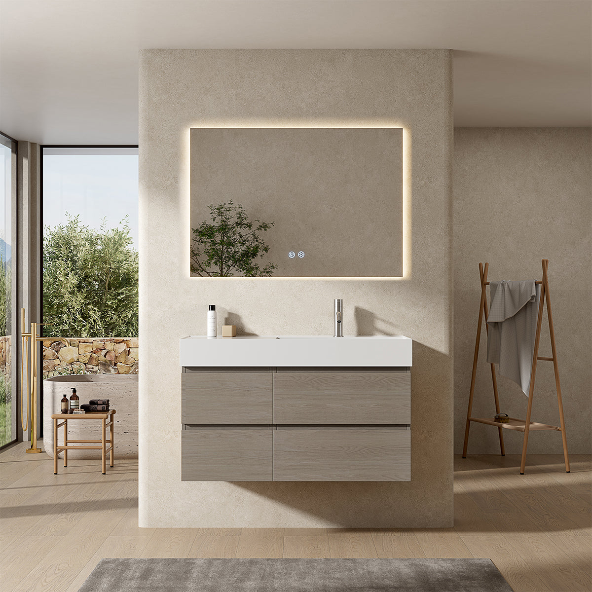 Mobile bagno sospeso 100 cm Beige Lavabo a Destra in Resina Specchio Quadro Retroilluminato - Fiji Wood