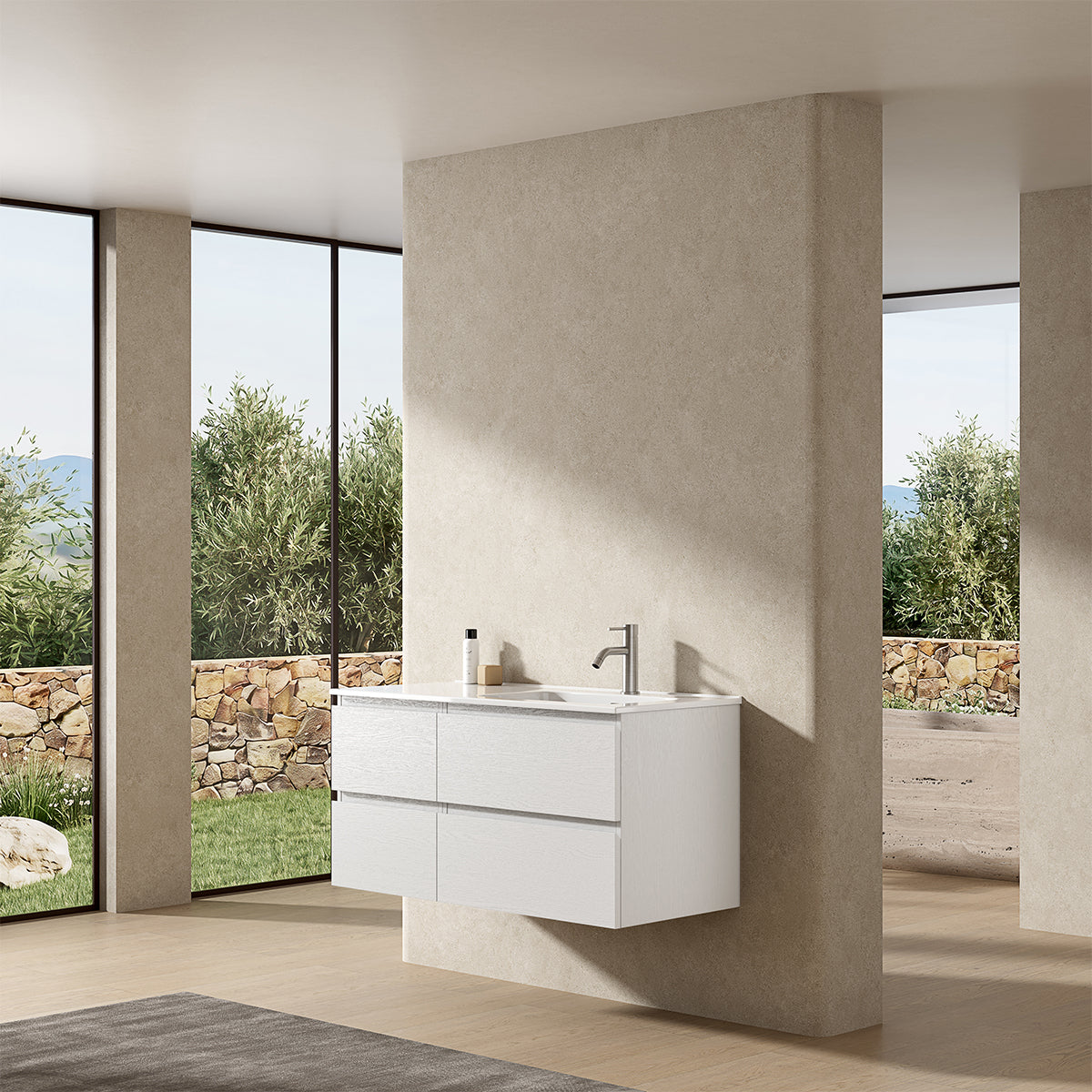 Mobile bagno sospeso 100 cm Bianco Lavabo a Destra in Ceramica Senza Specchio - Fiji Wood