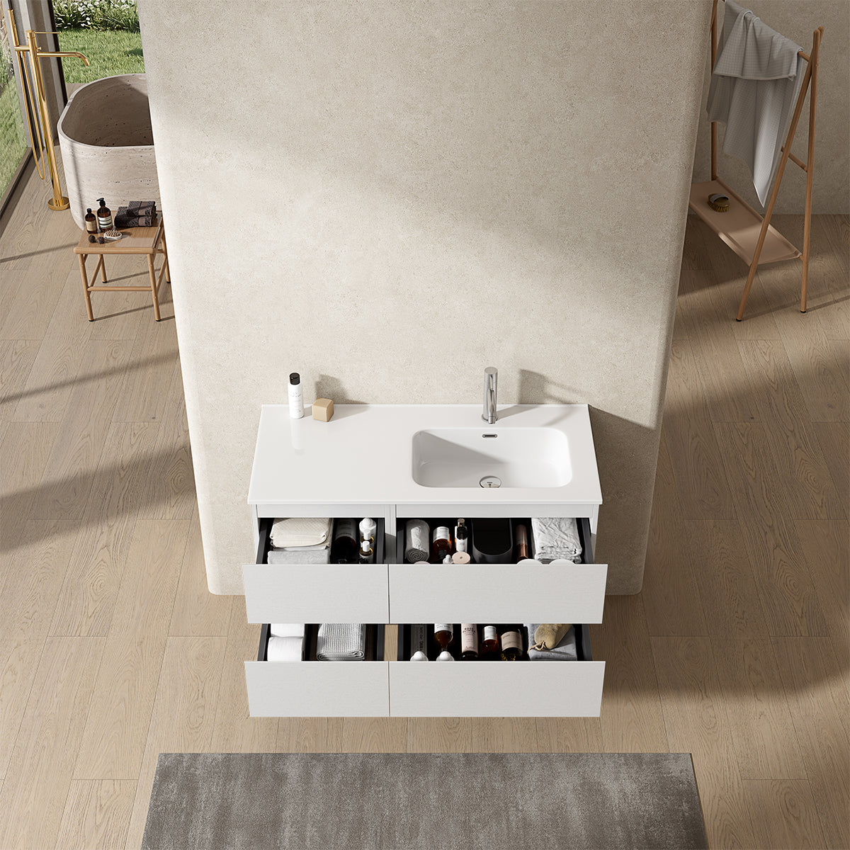 Mobile bagno sospeso 100 cm Bianco Lavabo a Destra in Ceramica Senza Specchio - Fiji Wood