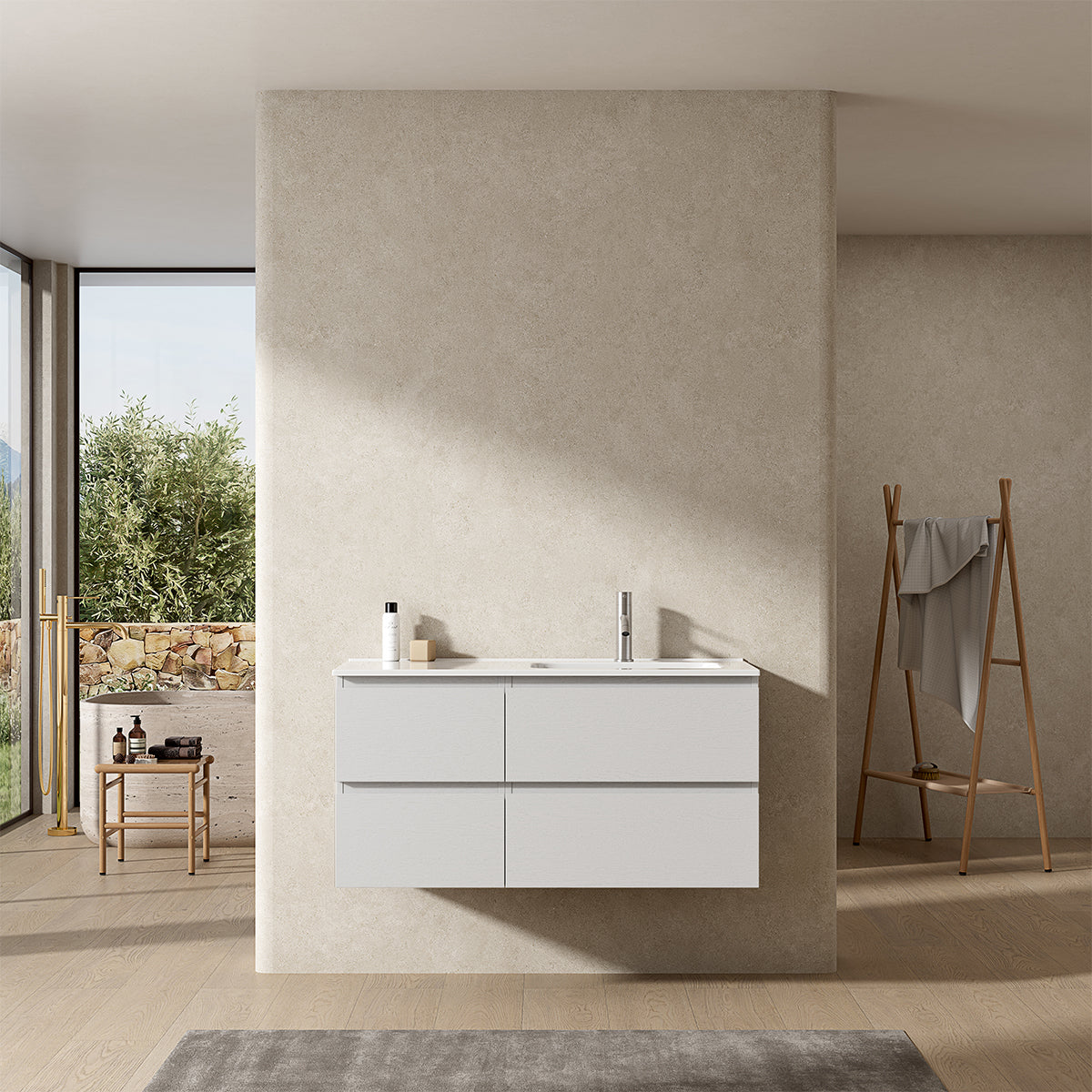 Mobile bagno sospeso 100 cm Bianco Lavabo a Destra in Ceramica Senza Specchio - Fiji Wood