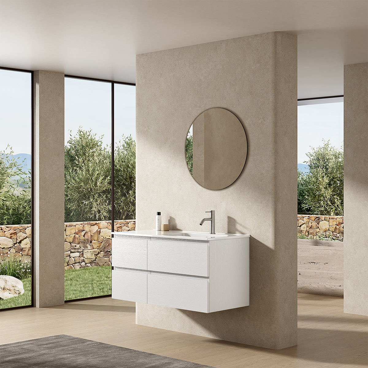 Mobile bagno sospeso 100 cm Bianco Lavabo a Destra in Ceramica Specchio Tondo - Fiji Wood